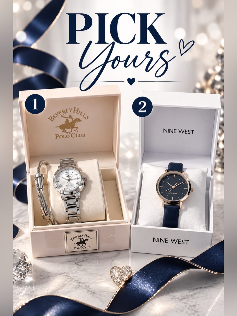 NIB Nine West Navy Leather Strap Watch OR Beverly Hills Polo club silver set